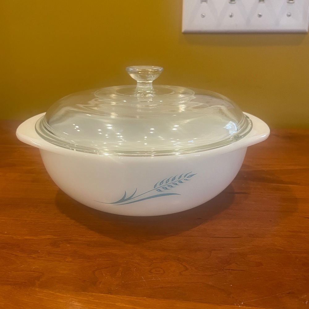 Pyrex White Casserole Dish “Blue Wheat”